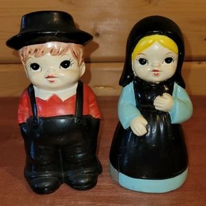 Vintage 1950's Coin Bank Amish Farmhouse Couple PA Dutch Boy & Girl Hand Painted